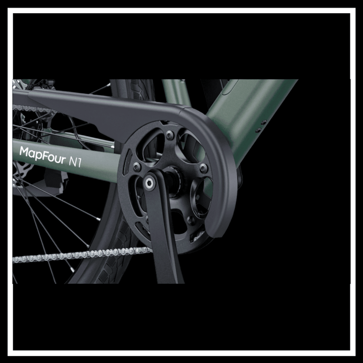 Close-up of the pedal and crank of the MAPFOUR N1 AIR ELECTRIC BIKE showcasing its lightweight design.