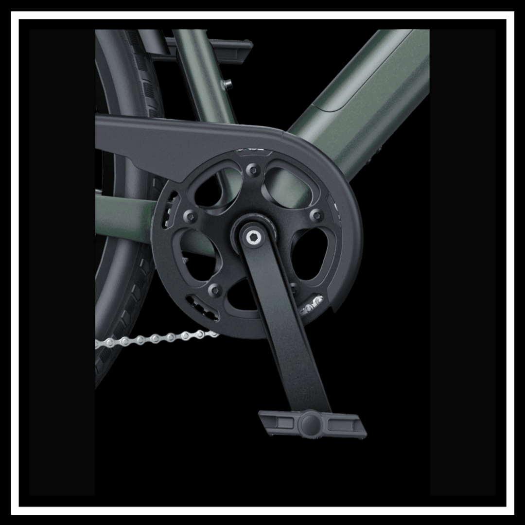 Close-up of the drivetrain of the MAPFOUR N1 AIR ELECTRIC BIKE showcasing its lightweight design and premium components.