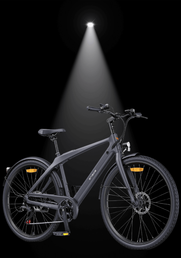 MAPFOUR N1 AIR ELECTRIC BIKE showcased under spotlight on black background, emphasizing its sleek design.