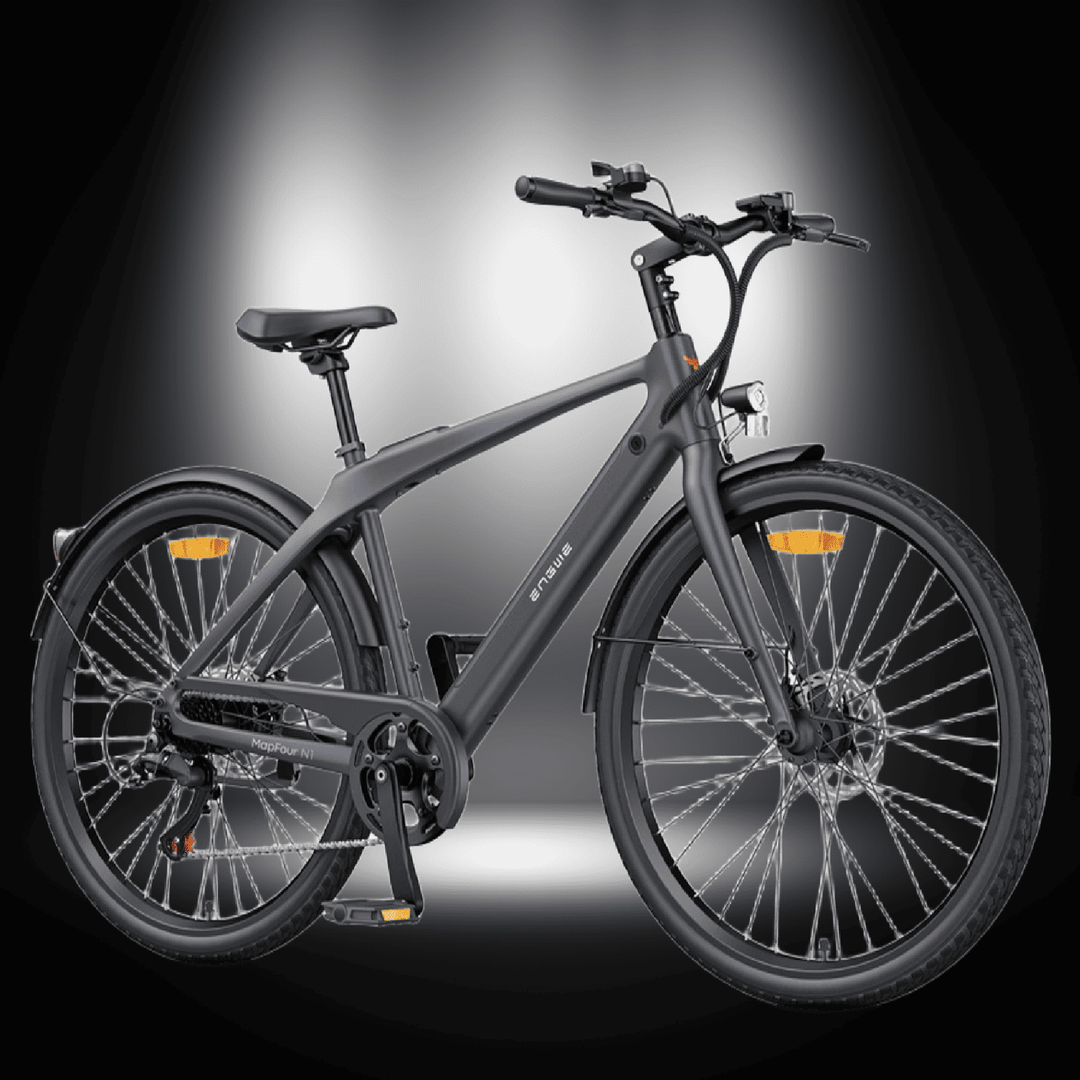 MAPFOUR N1 AIR ELECTRIC BIKE in sleek black design showcased in spotlight for urban commuting.