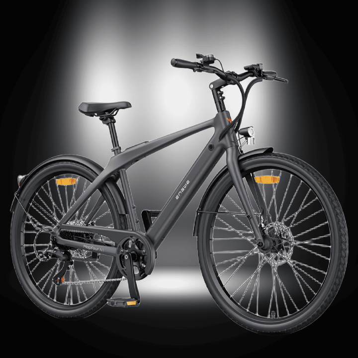 MAPFOUR N1 AIR ELECTRIC BIKE in sleek black design showcased in spotlight for urban commuting.