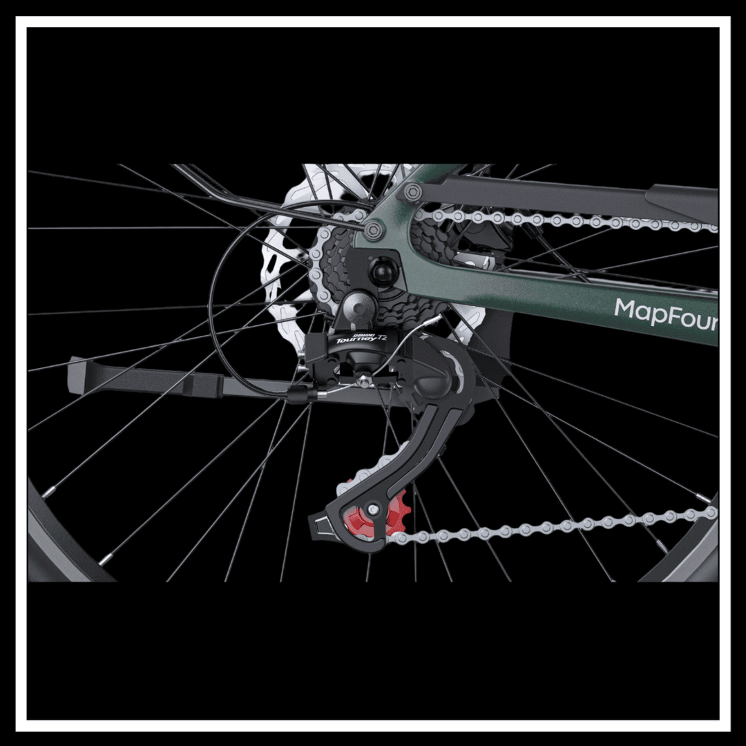 Detailed view of the rear derailleur and transmission system of the MAPFOUR N1 AIR ELECTRIC BIKE.