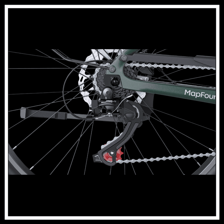 Detailed view of the rear derailleur and transmission system of the MAPFOUR N1 AIR ELECTRIC BIKE.