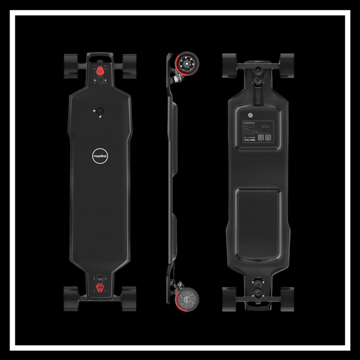 Image of the 🇮🇪🇪🇺🇺🇸 MAXFIND FF PRO electric skateboard with carbon fiber deck and dual motors.