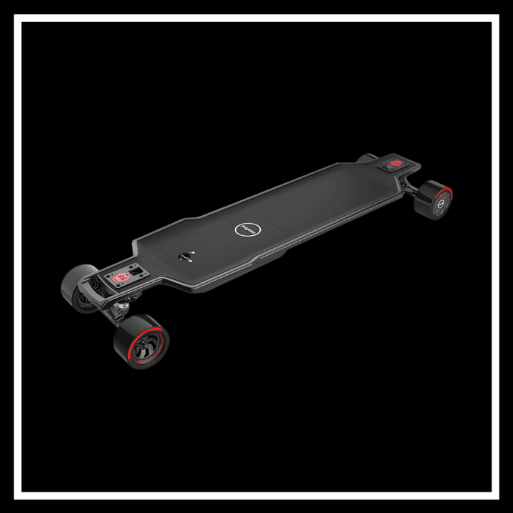 MAXFIND FF PRO electric skateboard showcasing its sleek carbon fiber deck and 105mm shock-absorbing wheels.