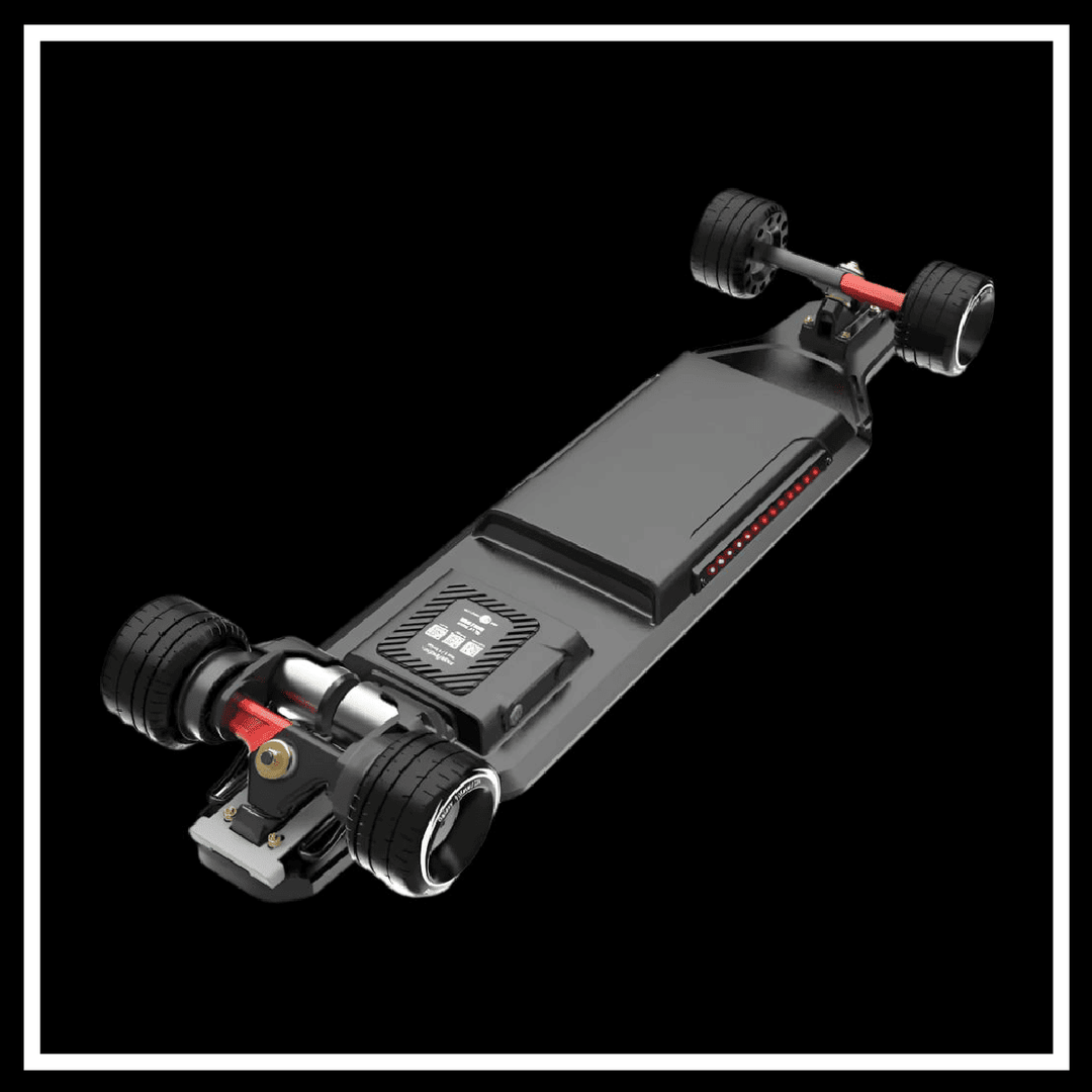 Electric skateboard image featuring the 🇮🇪🇪🇺🇺🇸 MAXFIND MAX6 with dual motors and shock-absorbing wheels.