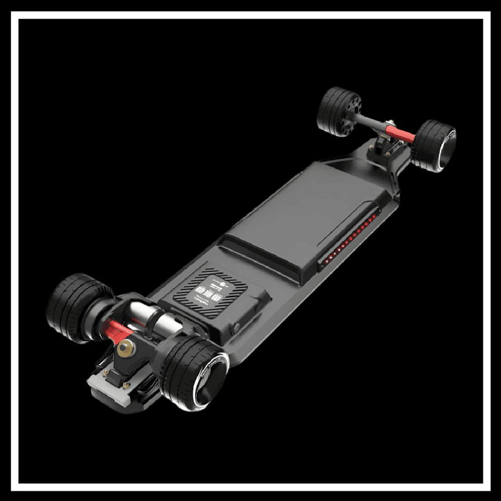 Electric skateboard image featuring the 🇮🇪🇪🇺🇺🇸 MAXFIND MAX6 with dual motors and shock-absorbing wheels.