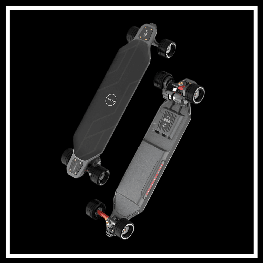 Maxfind MAX6 electric skateboard showcasing a sleek design with dual motors and robust wheels.