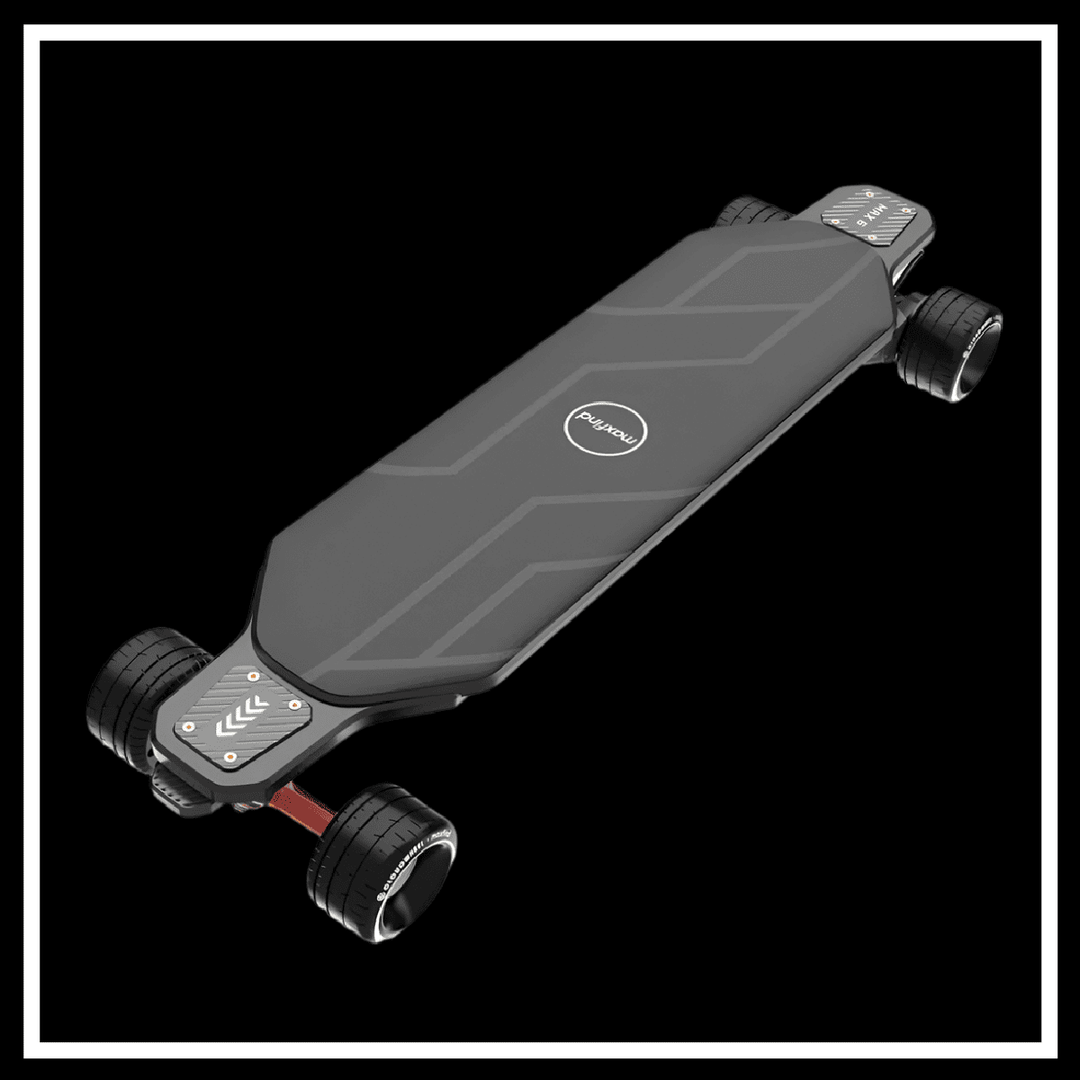 Maxfind MAX6 electric skateboard viewed from the side on a black background, showcasing its sleek design and wheels.