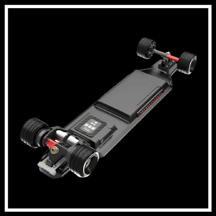 Electric skateboard image featuring the 🇮🇪🇪🇺🇺🇸 MAXFIND MAX6 with dual motors and shock-absorbing wheels.