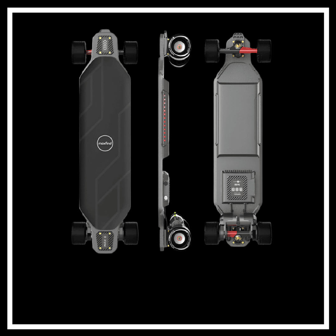 Electric skateboard from MAXFIND MAX6 featuring dual motors and durable PPS composite deck.