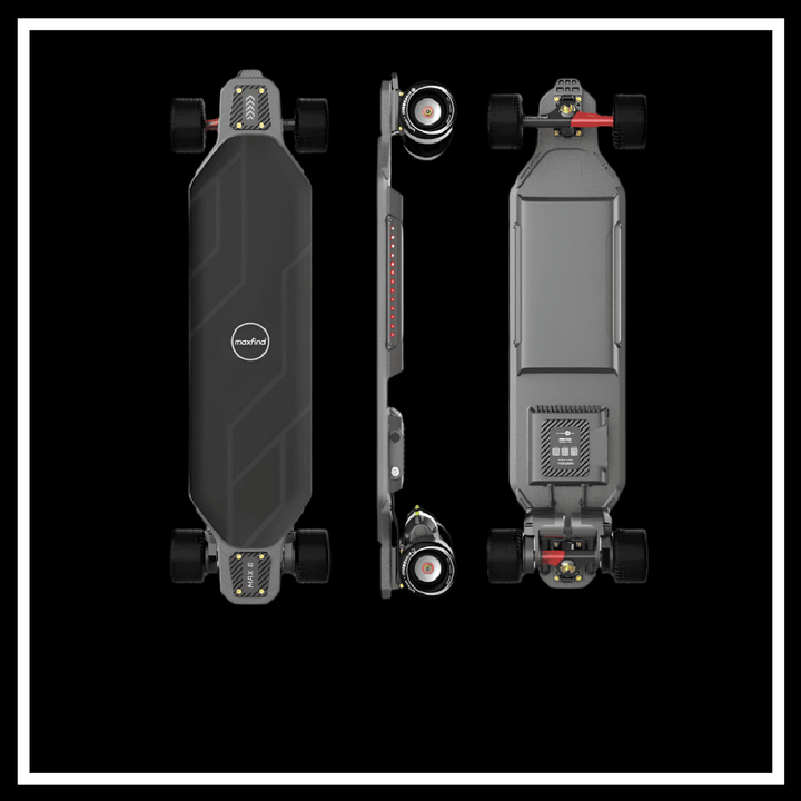 Electric skateboard from MAXFIND MAX6 featuring dual motors and durable PPS composite deck.