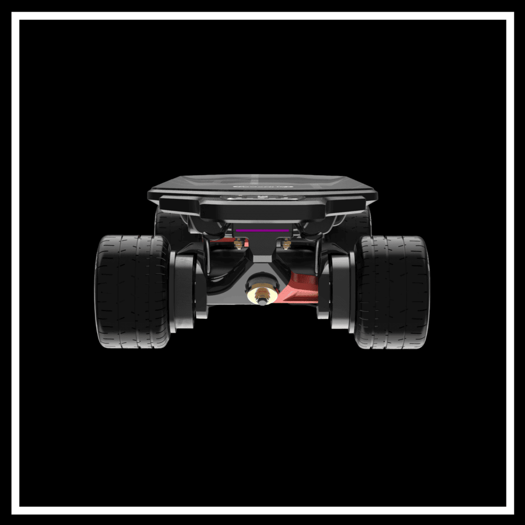 MAXFIND MAX6 electric skateboard showing dual motors and shock-absorbing wheels from the rear view.