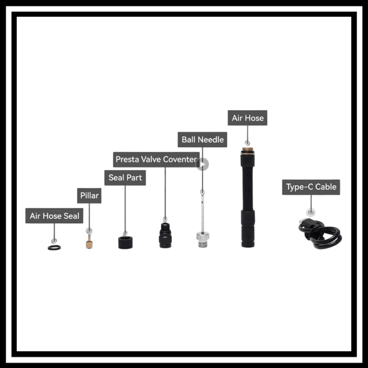 Components of MUC-OFF AIRMACH MINI INFLATOR ELECTRIC BIKE ACCESSORY labeled with air hose, ball needle, and Type-C cable.
