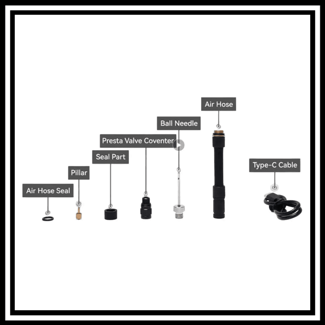 MUC-OFF AIRMACH MINI INFLATOR parts including Air Hose, Pillar, Seal Part, and Type-C Cable