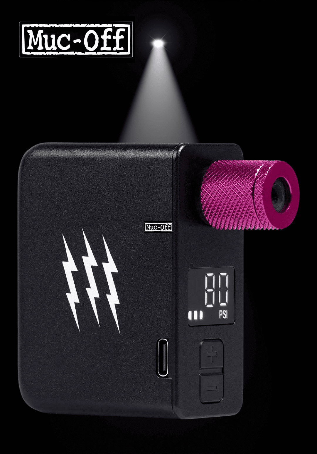 🇮🇪🇪🇺 MUC-OFF AIRMACH MINI INFLATOR displayed with digital pressure gauge and LED light.