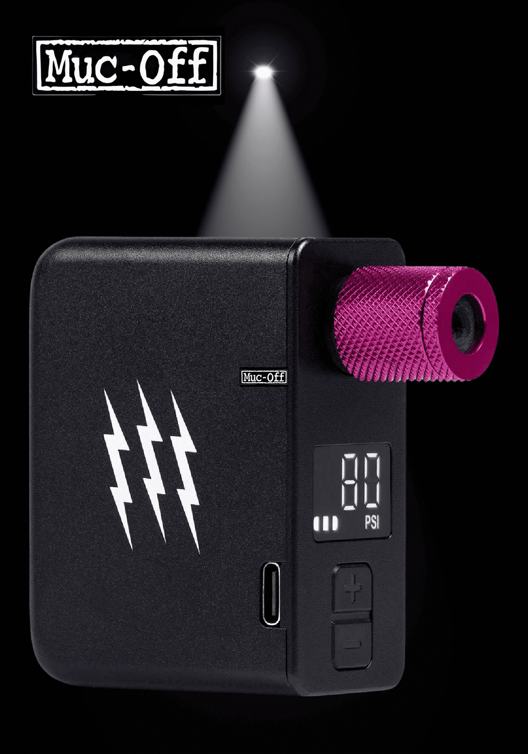 MUC-OFF AIRMACH MINI INFLATOR ELECTRIC BIKE ACCESSORY with digital display and purple nozzle