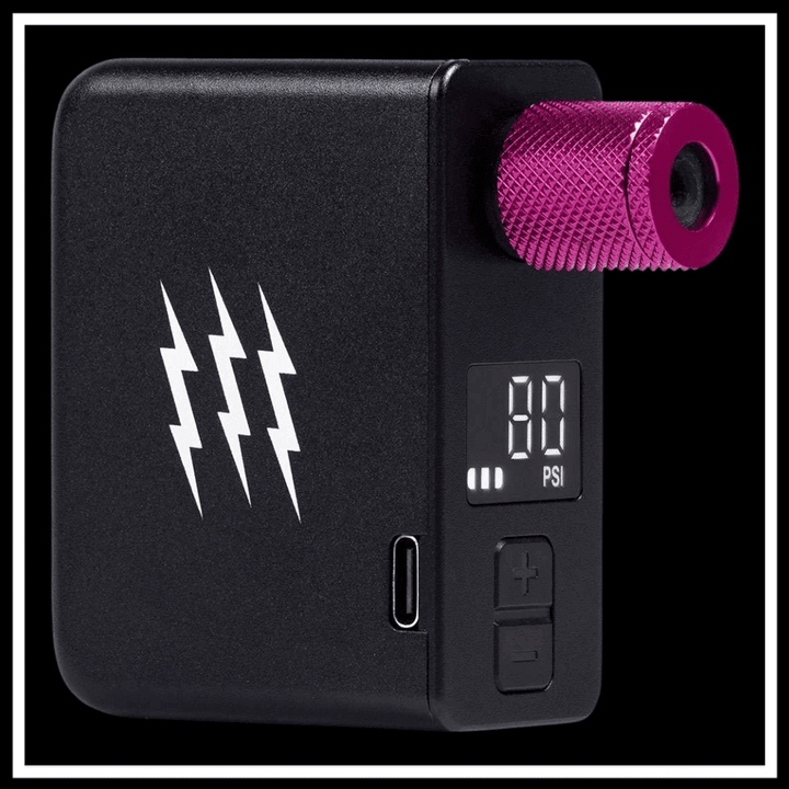 MUC-OFF AIRMACH MINI INFLATOR ELECTRIC BIKE ACCESSORY with digital display and purple nozzle.