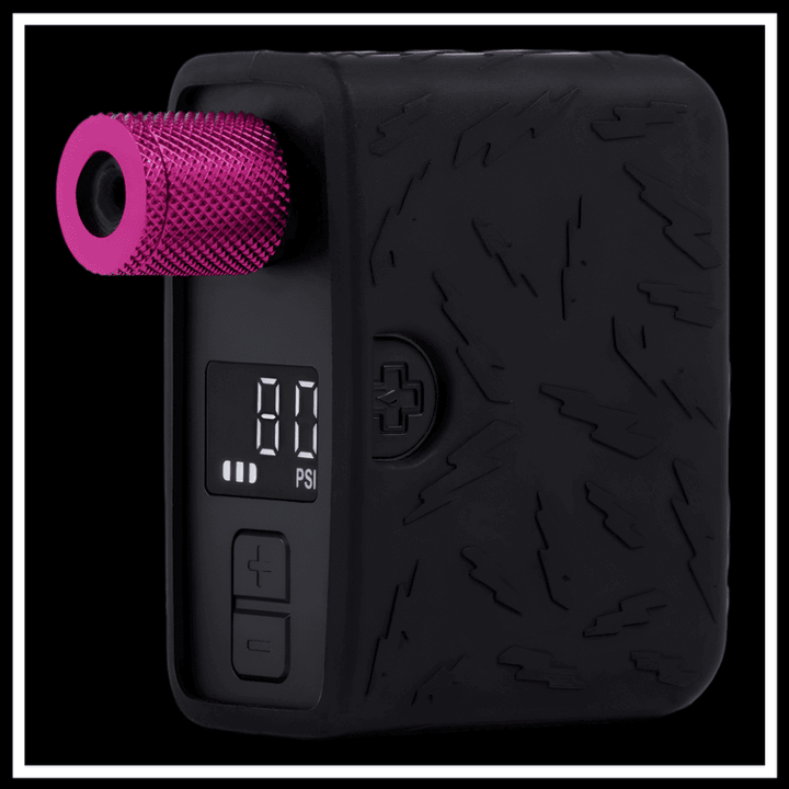 MUC-OFF AIRMACH MINI INFLATOR ELECTRIC BIKE ACCESSORY, compact electric pump with pink nozzle and digital pressure display.
