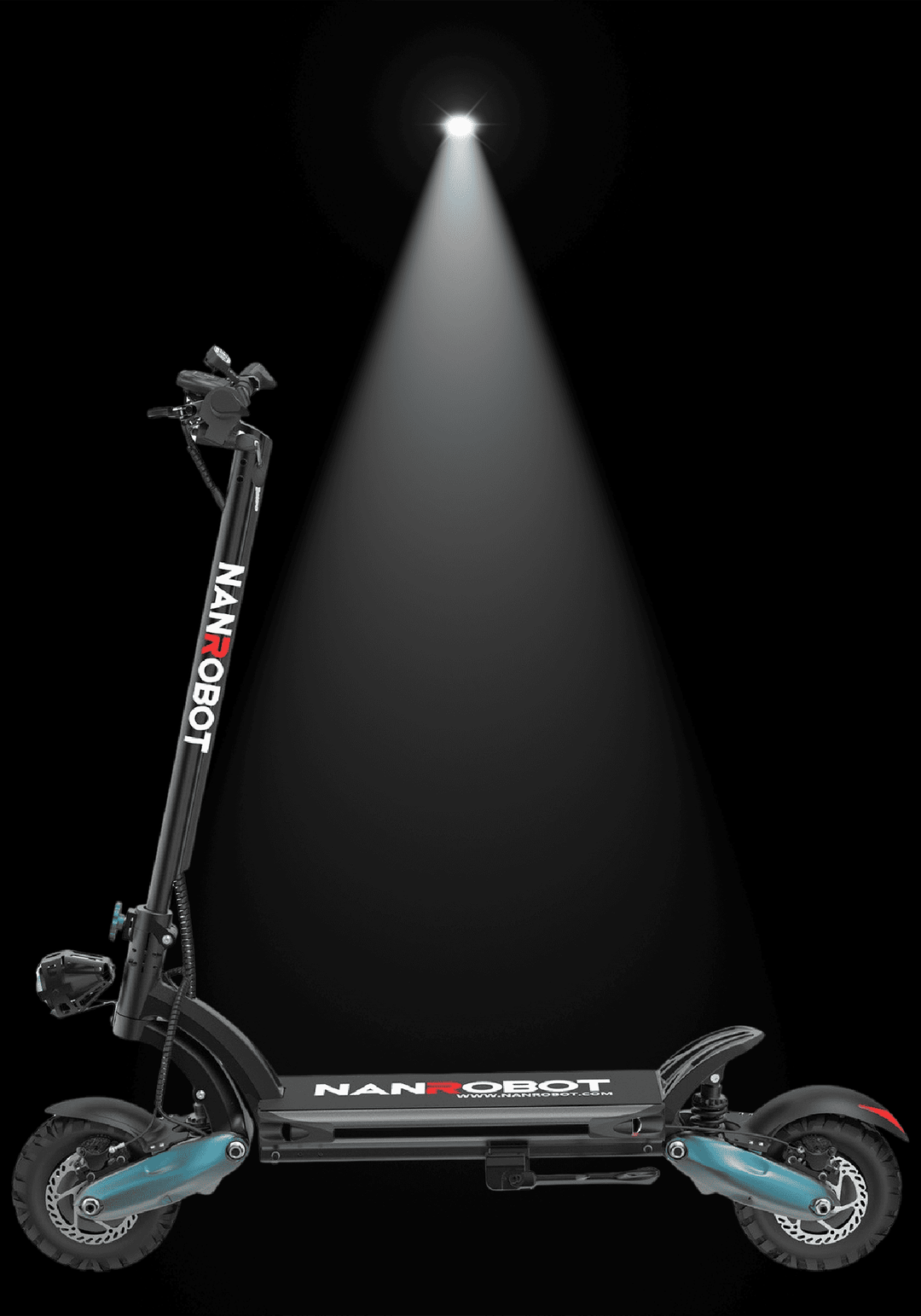 Nanrobot D6+ electric scooter illuminated by overhead light against a dark background.