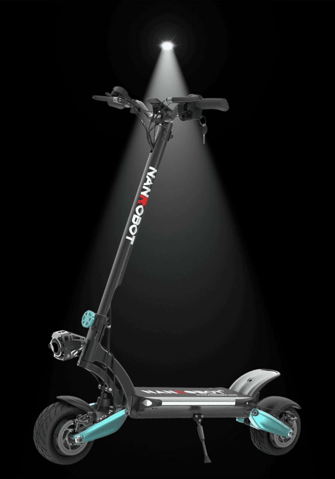 Nanrobot Lightning electric scooter illuminated with spotlight on a black background