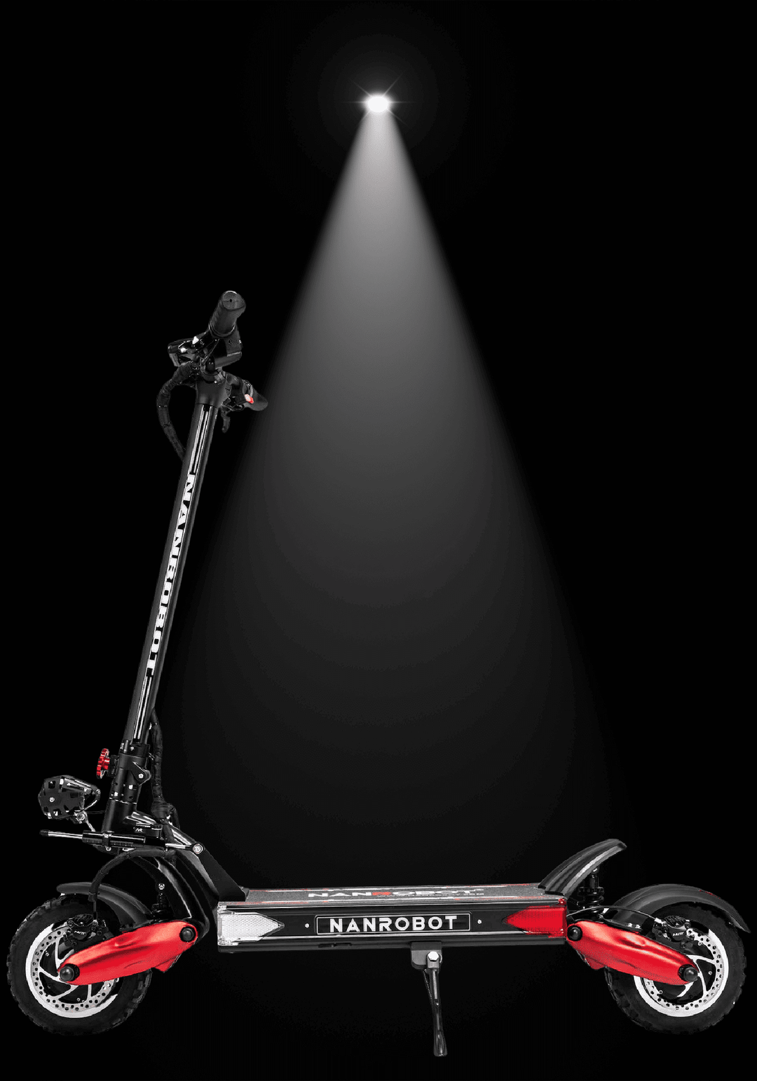 Nanrobot LS7+ electric scooter illuminated against a black background showcasing its sleek design and performance features.