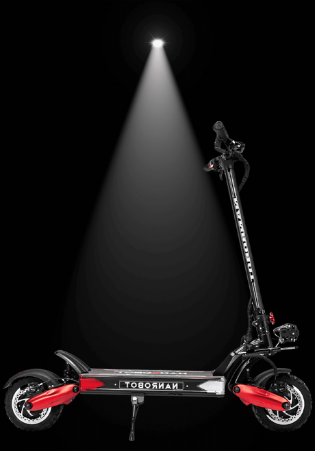 Nanrobot LS7+ electric scooter illuminated against a black background showcasing its sleek design and performance features.