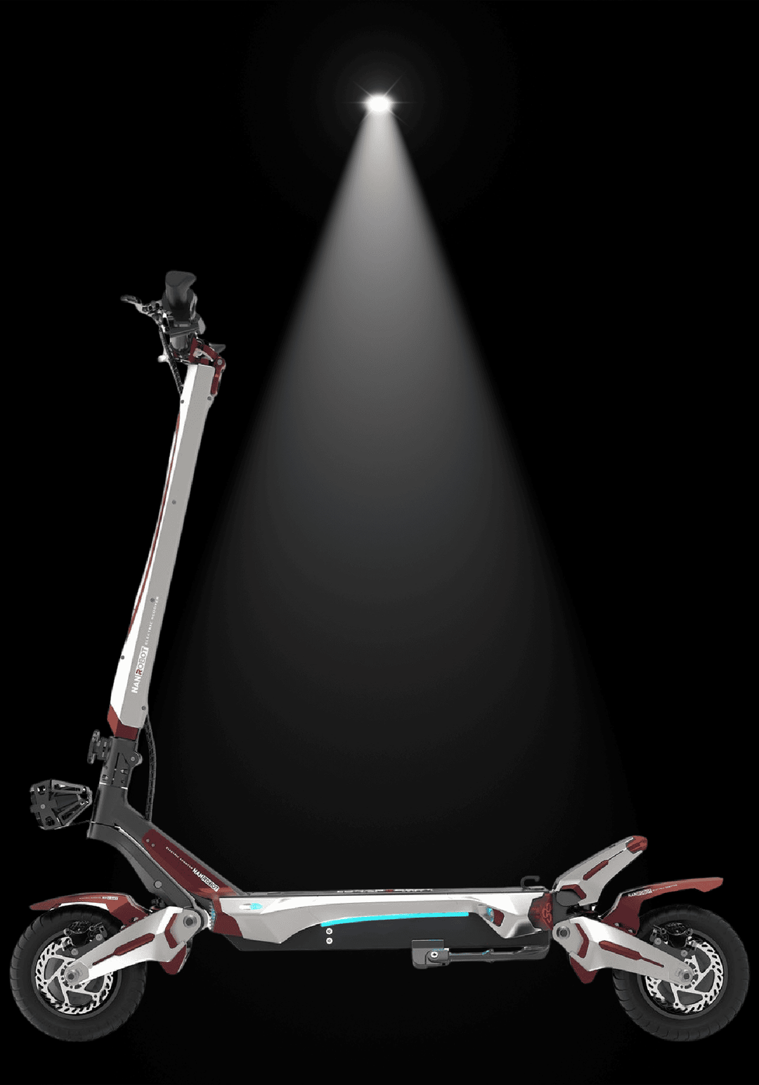 NANROBOT N6 electric scooter illuminated under spotlight on a dark background