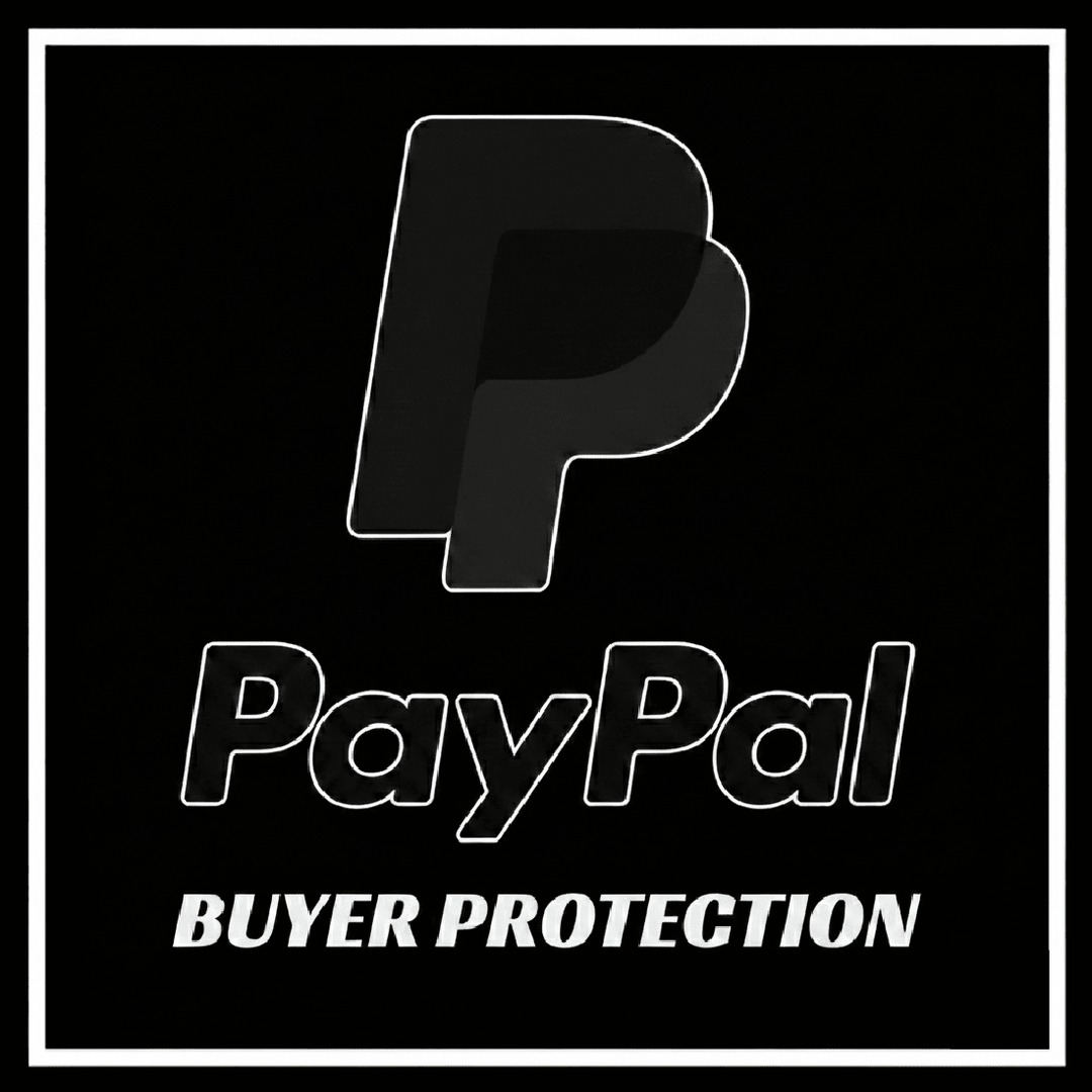 PayPal logo with text 'BUYER PROTECTION' on a black background, emphasizing safe online transactions.