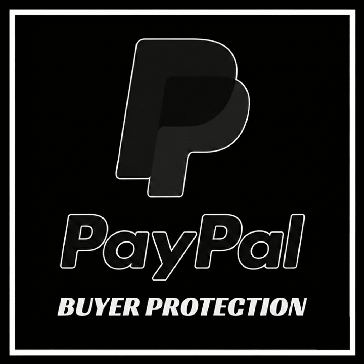 PayPal logo with text 'BUYER PROTECTION' on a black background, emphasizing safe online transactions.