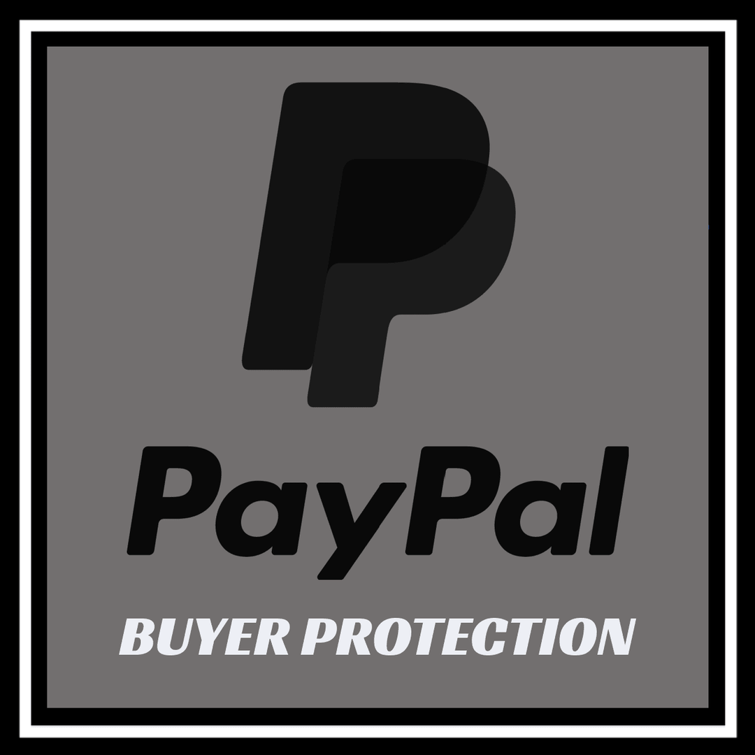 PayPal logo with text 'BUYER PROTECTION' on a black background, emphasizing safe online transactions.