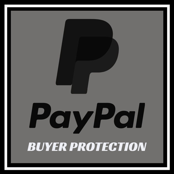 PayPal logo with text 'BUYER PROTECTION' on a black background, emphasizing safe online transactions.