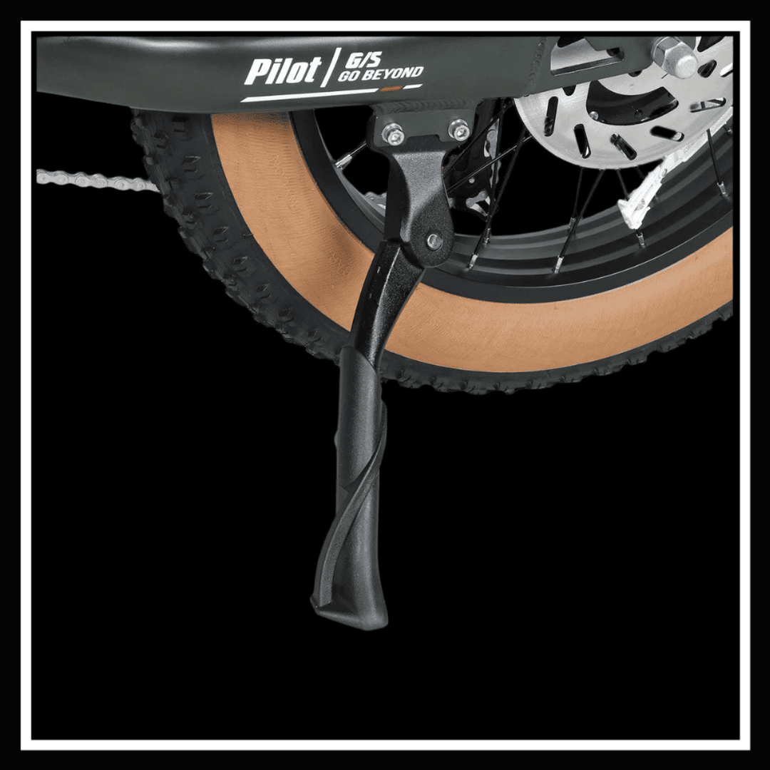 Samebike M20-III side view of kickstand and wheel for electric bike stability and functionality.