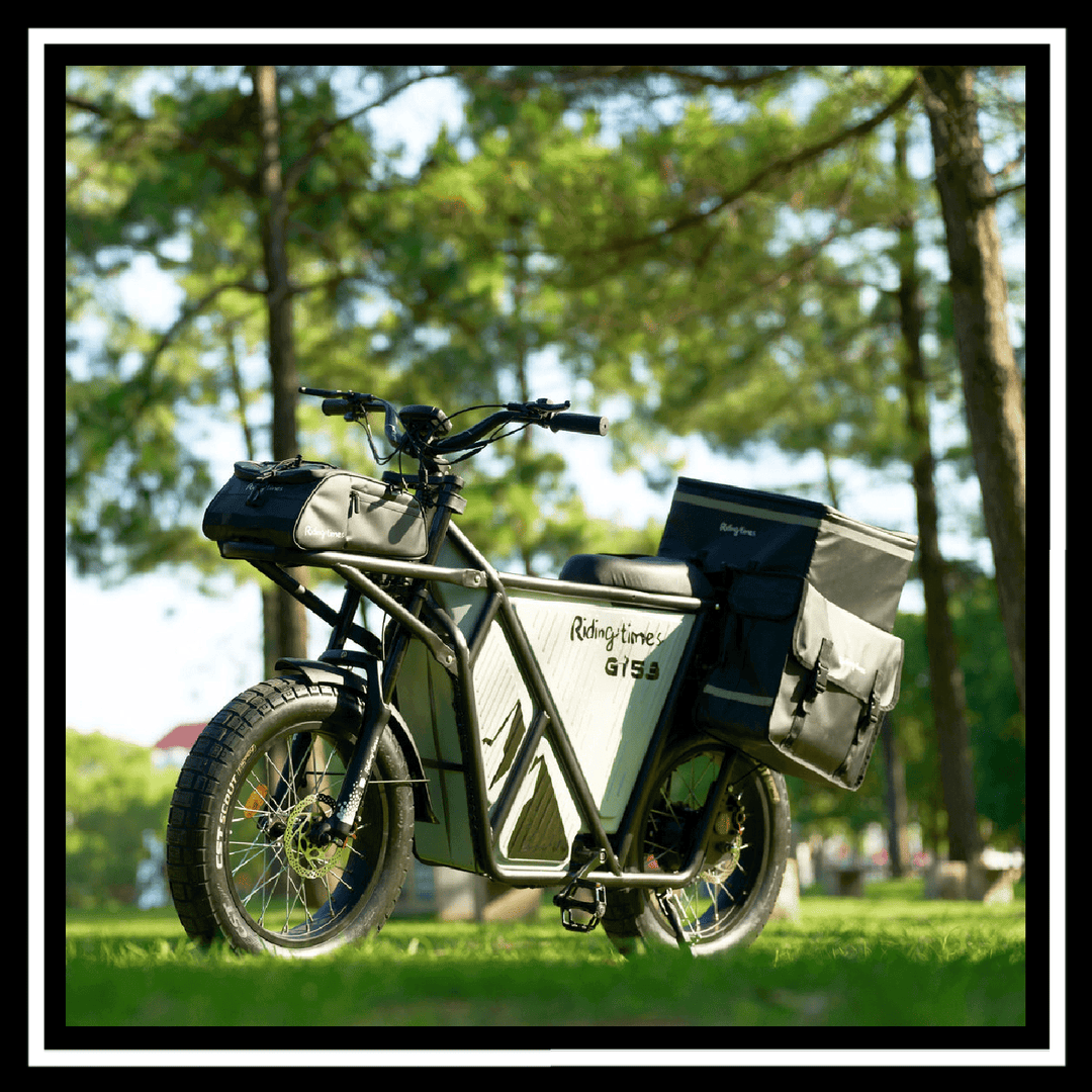 GT53 2000W CARGO RIDING' TIMES E-BIKE parked in a green park with side bags for carrying cargo.