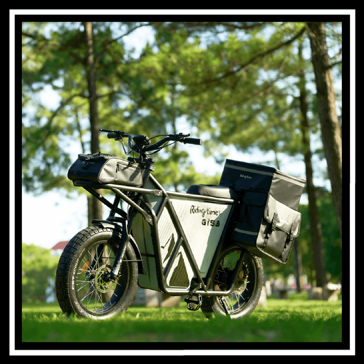 GT53 2000W CARGO RIDING' TIMES E-BIKE parked in a green park with side bags for carrying cargo.