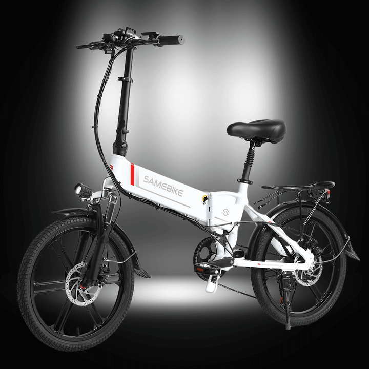 SAMEBIKE 20LVXD30-II electric bike in a stylish design, showcasing its foldable frame and 20-inch tyres.