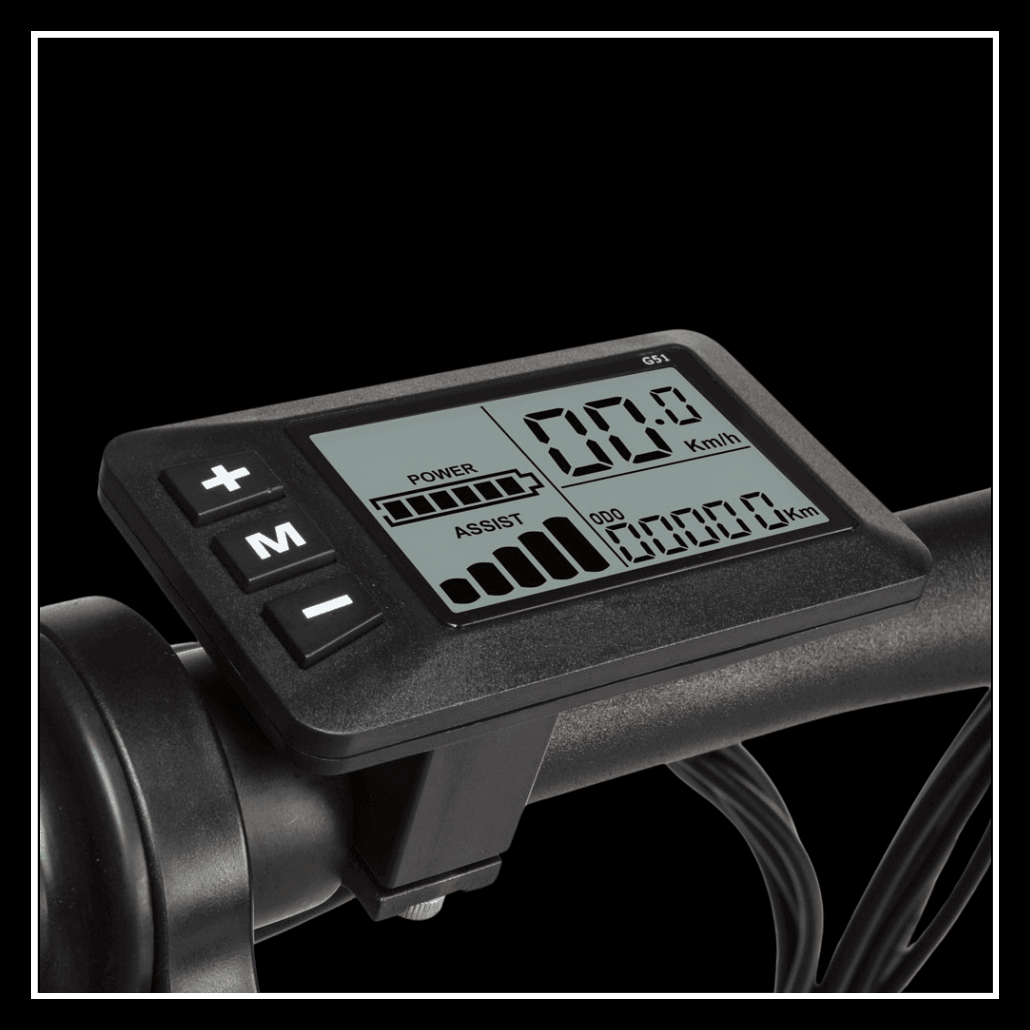 Display of the SAMEBIKE 20LVXD30-II electric bike showing speed, power, and assist settings.