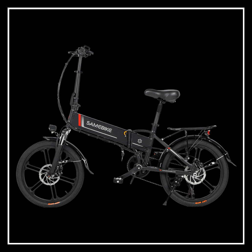 SAMEBIKE 20LVXD30-II electric bike with foldable design and 20-inch tyres on black background.