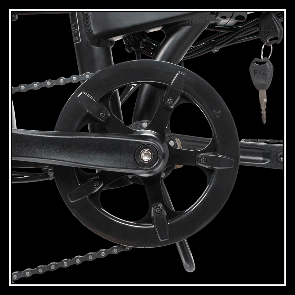 Close-up of the SAMEBIKE 20LVXD30-II electric bike's drivetrain and key ignition for urban commuting.