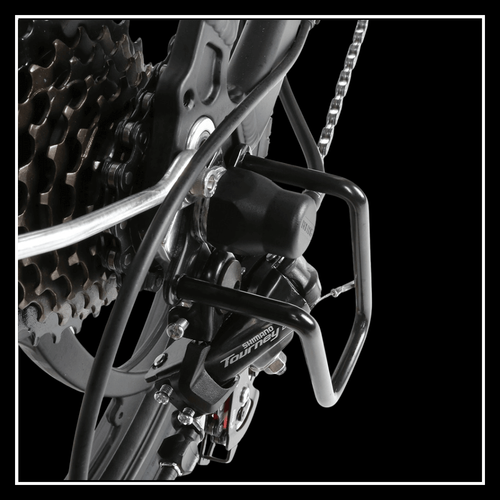 Detail of the SAMEBIKE 20LVXD30-II's rear derailleur and chain system, showcasing its robust design and performance.
