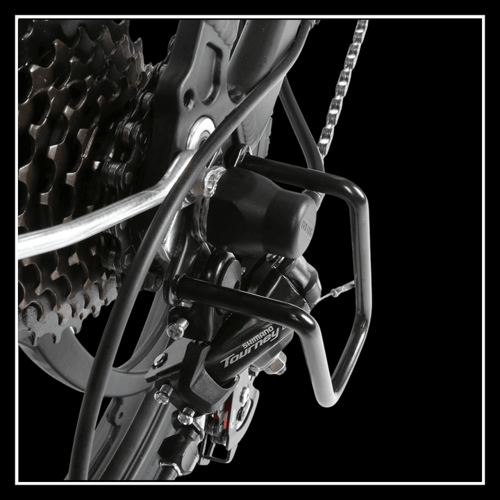 Detail of the SAMEBIKE 20LVXD30-II's rear derailleur and chain system, showcasing its robust design and performance.