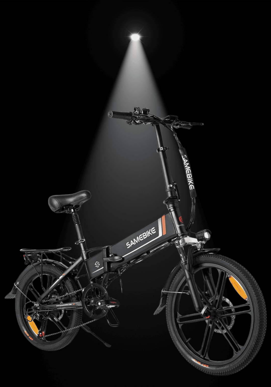 SAMEBIKE 20LVXD30-II electric bike showcased under spotlight against a dark background.