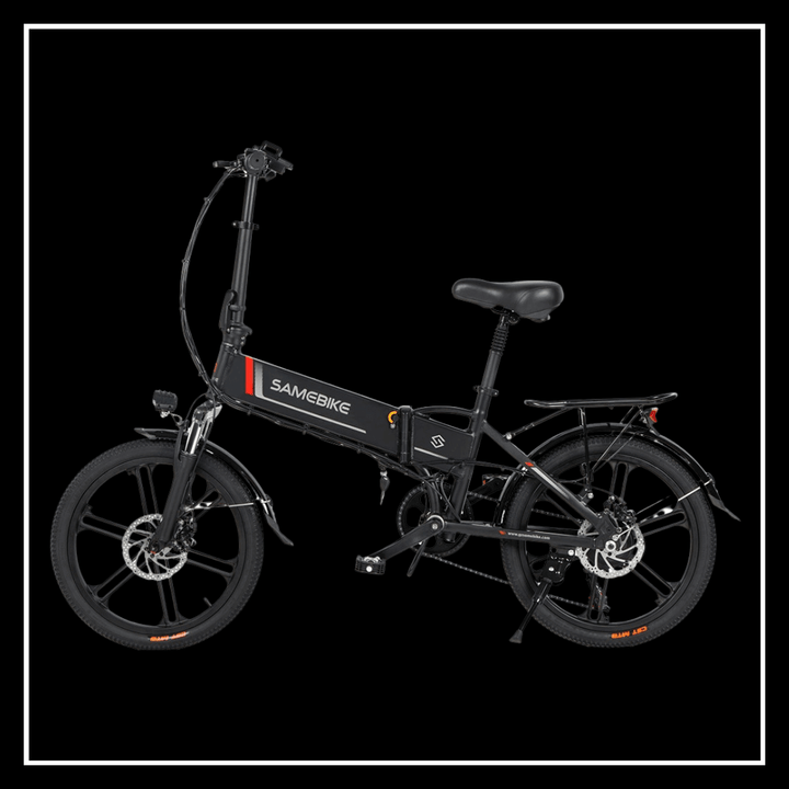SAMEBIKE 20LVXD30-II electric bike with foldable design and 20-inch tyres on black background.