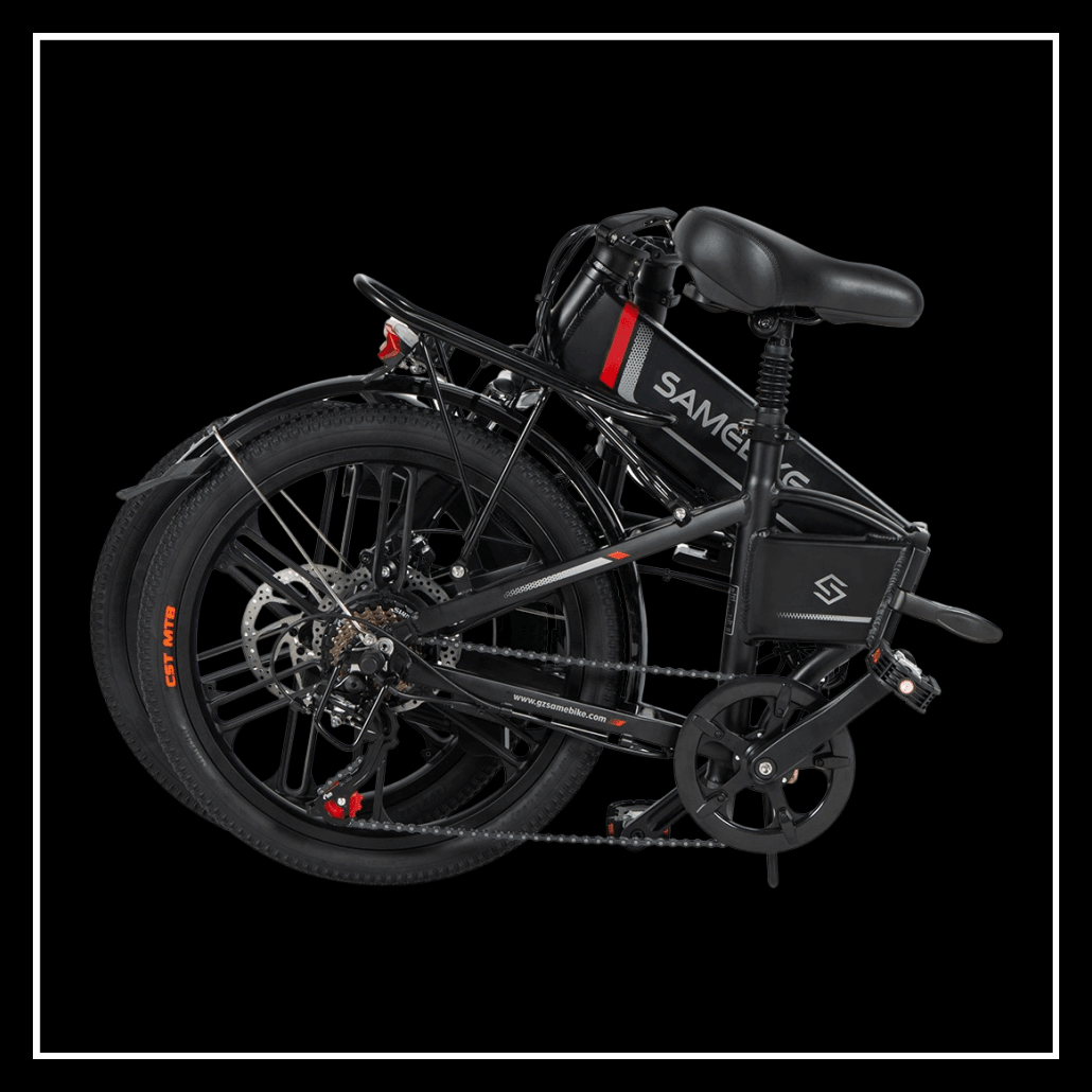 SAMEBIKE 20LVXD30-II electric bike in folded position against black background, showcasing its compact design.