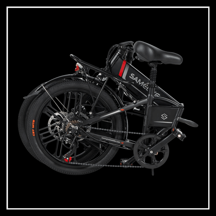 SAMEBIKE 20LVXD30-II electric bike in folded position against black background, showcasing its compact design.