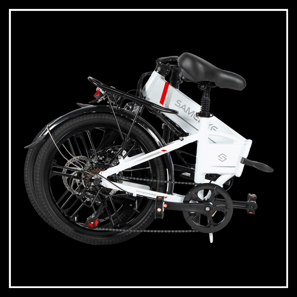 Folding design of 🇮🇪🇪🇺🇺🇸🇬🇧 SAMEBIKE 20LVXD30-II electric bike with compact frame and tyres.