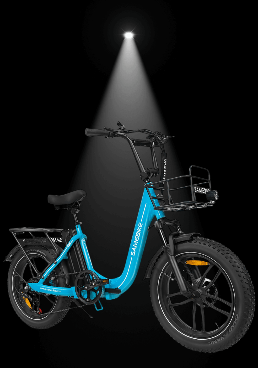 SAMEBIKE C05 PRO electric bike in blue, showcasing its foldable design and powerful features.