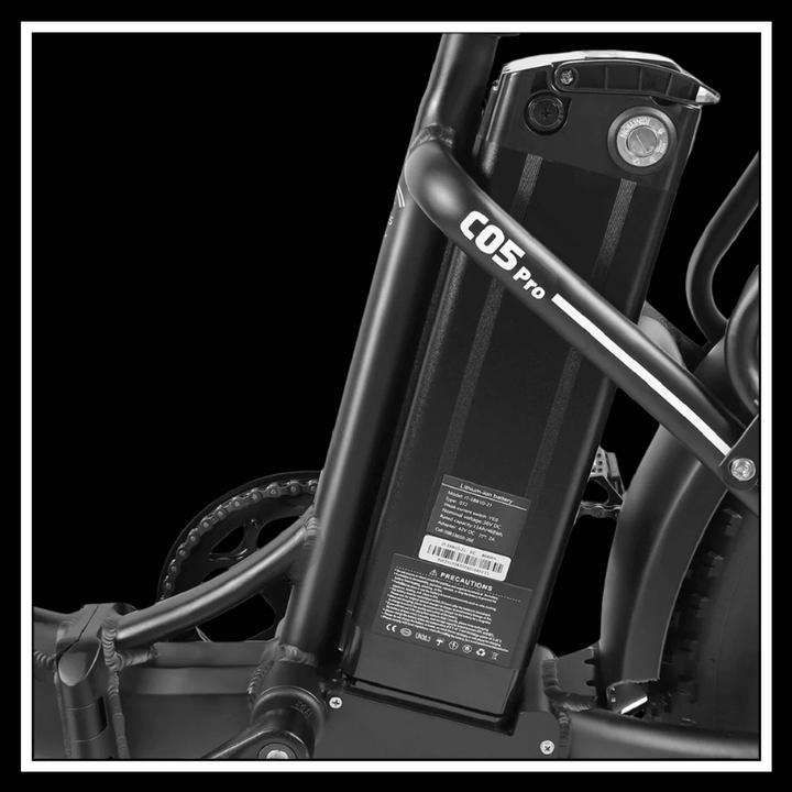 SAMEBIKE C05 PRO electric bike battery close-up, showcasing 36V 13AH design for urban commuting and outdoor adventures.