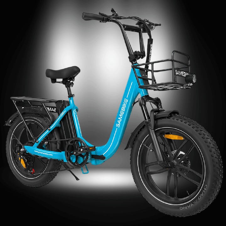 SAMEBIKE C05 PRO electric bike in blue with foldable design and front basket, ideal for commuting and outdoor adventures.