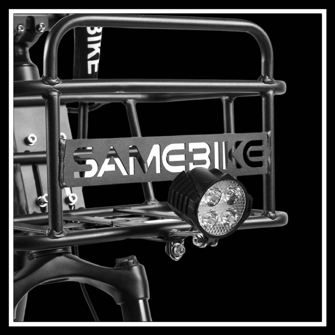 Close-up of SAMEBIKE C05 PRO electric bike's rear rack with integrated light for enhanced safety and visibility.